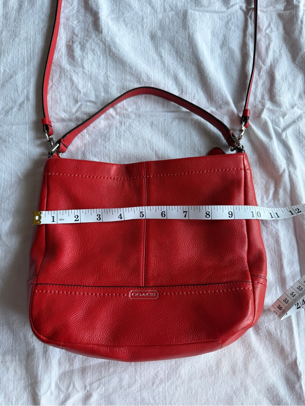 Coach Red Pebbled Leather Shoulder Bag with Tan Charm - Picture 7 of 8